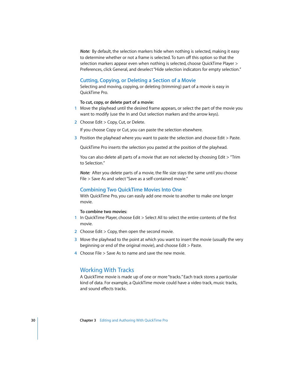 Cutting, copying, or deleting a section of a movie, Combining two quicktime movies into one, Working with tracks | Apple QuickTime 7 User Manual | Page 30 / 62