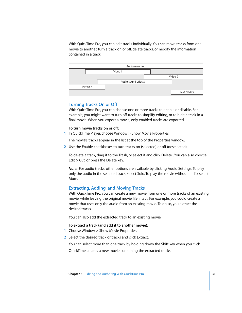 Turning tracks on or off, Extracting, adding, and moving tracks | Apple QuickTime 7 User Manual | Page 31 / 62