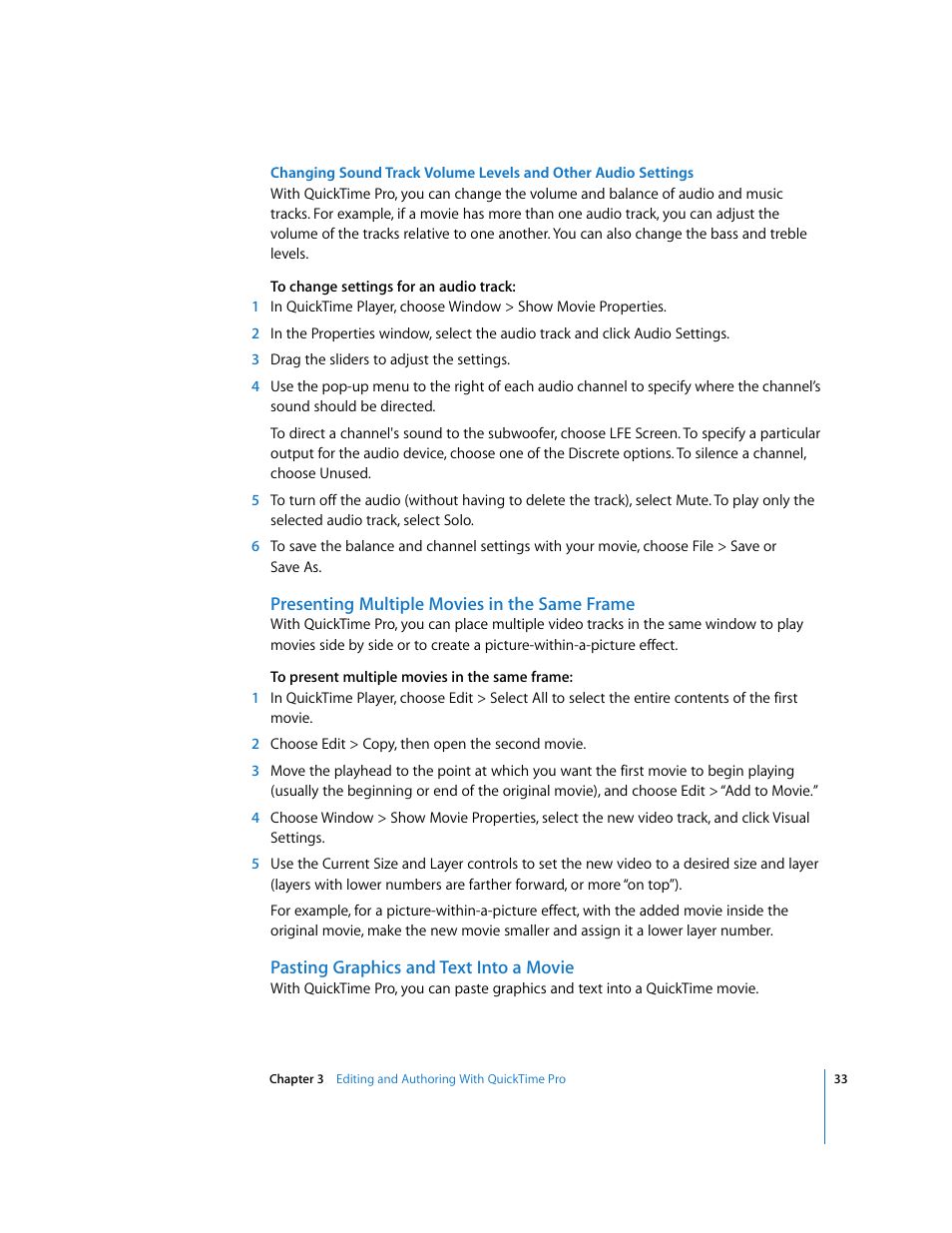 Presenting multiple movies in the same frame, Pasting graphics and text into a movie | Apple QuickTime 7 User Manual | Page 33 / 62