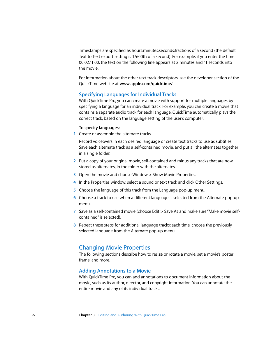 Specifying languages for individual tracks, Changing movie properties, Adding annotations to a movie | Apple QuickTime 7 User Manual | Page 36 / 62