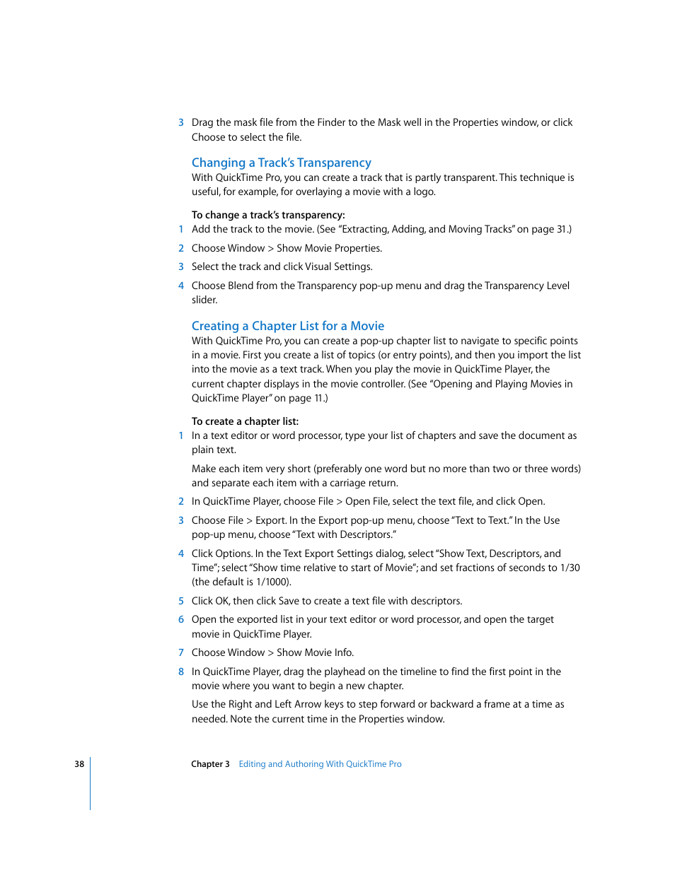 Changing a track’s transparency, Creating a chapter list for a movie | Apple QuickTime 7 User Manual | Page 38 / 62