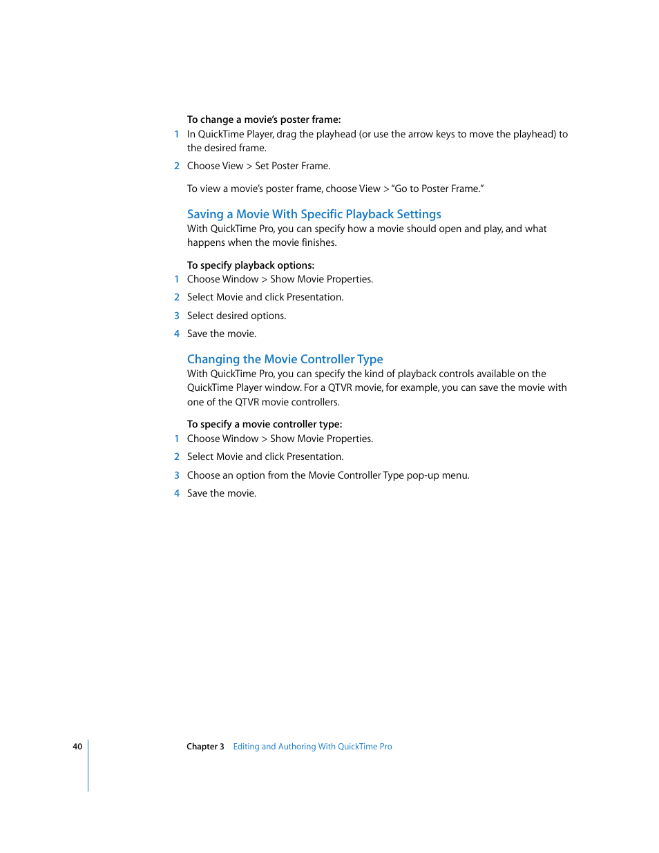 Saving a movie with specific playback settings, Changing the movie controller type | Apple QuickTime 7 User Manual | Page 40 / 62