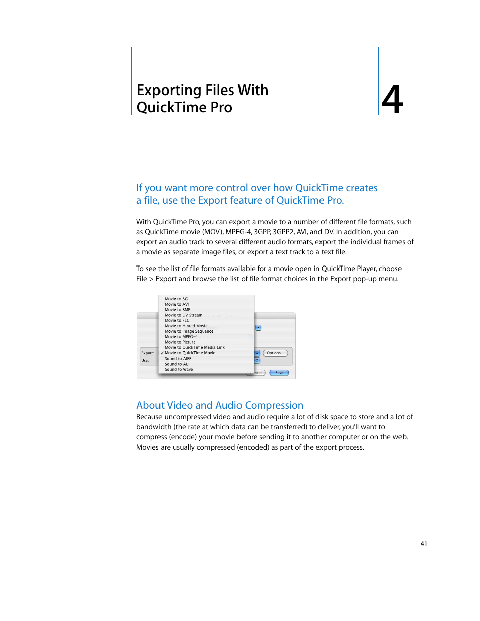 Exporting files with quicktimepro, About video and audio compression, Chapter 4 | Exporting files with quicktime pro | Apple QuickTime 7 User Manual | Page 41 / 62