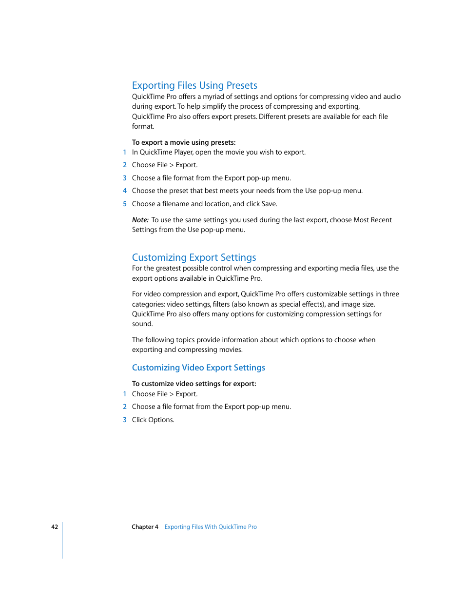 Exporting files using presets, Customizing export settings, Customizing video export settings | Apple QuickTime 7 User Manual | Page 42 / 62