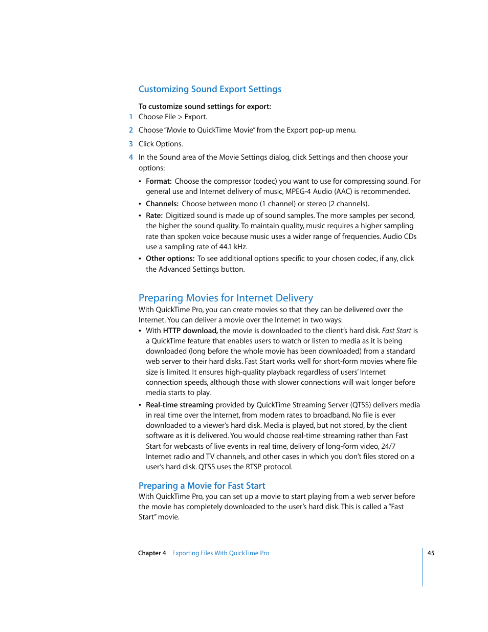 Customizing sound export settings, Preparing movies for internet delivery, Preparing a movie for fast start | Apple QuickTime 7 User Manual | Page 45 / 62