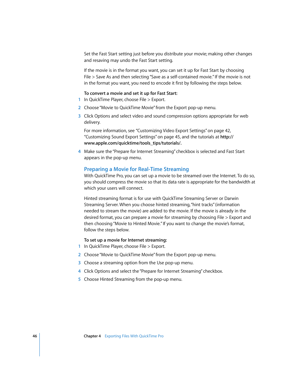 Preparing a movie for real-time streaming | Apple QuickTime 7 User Manual | Page 46 / 62