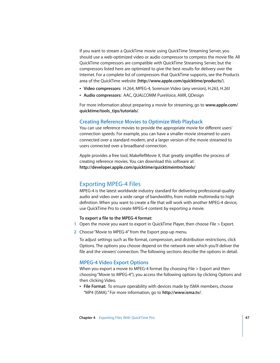 Creating reference movies to optimize web playback, Exporting mpeg-4 files, Mpeg-4 video export options | Apple QuickTime 7 User Manual | Page 47 / 62