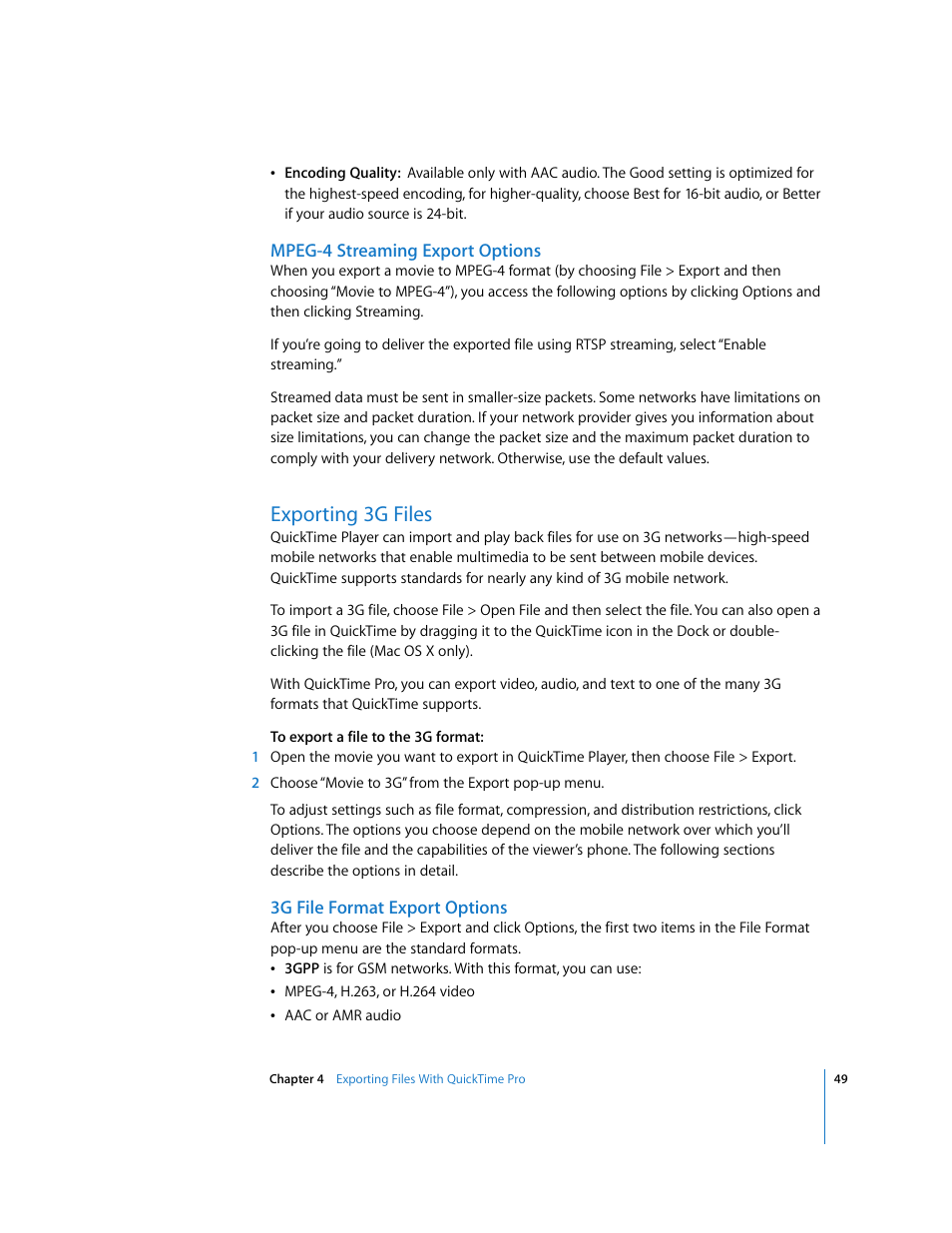 Mpeg-4 streaming export options, Exporting 3g files, 3g file format export options | Apple QuickTime 7 User Manual | Page 49 / 62