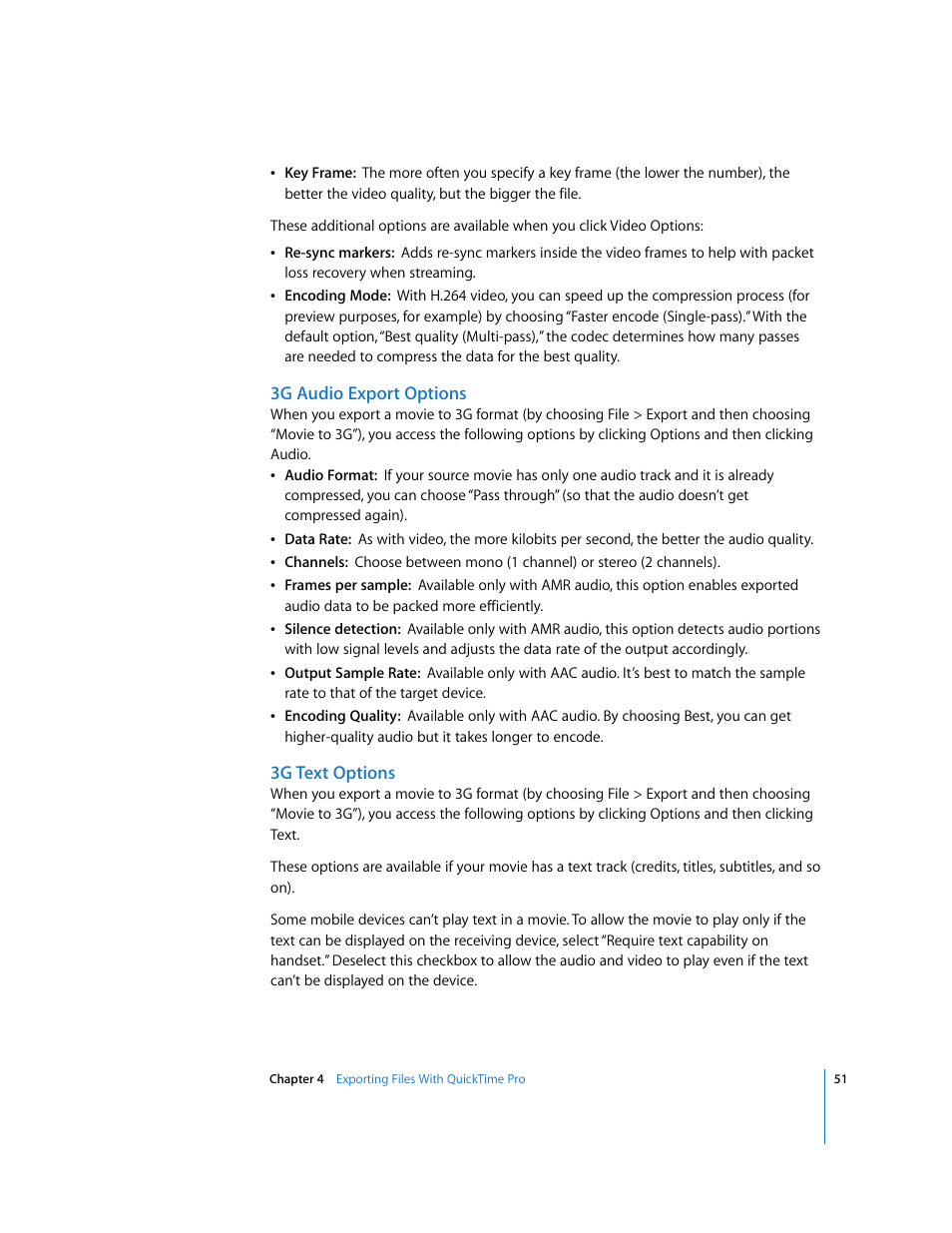 3g audio export options, 3g text options | Apple QuickTime 7 User Manual | Page 51 / 62