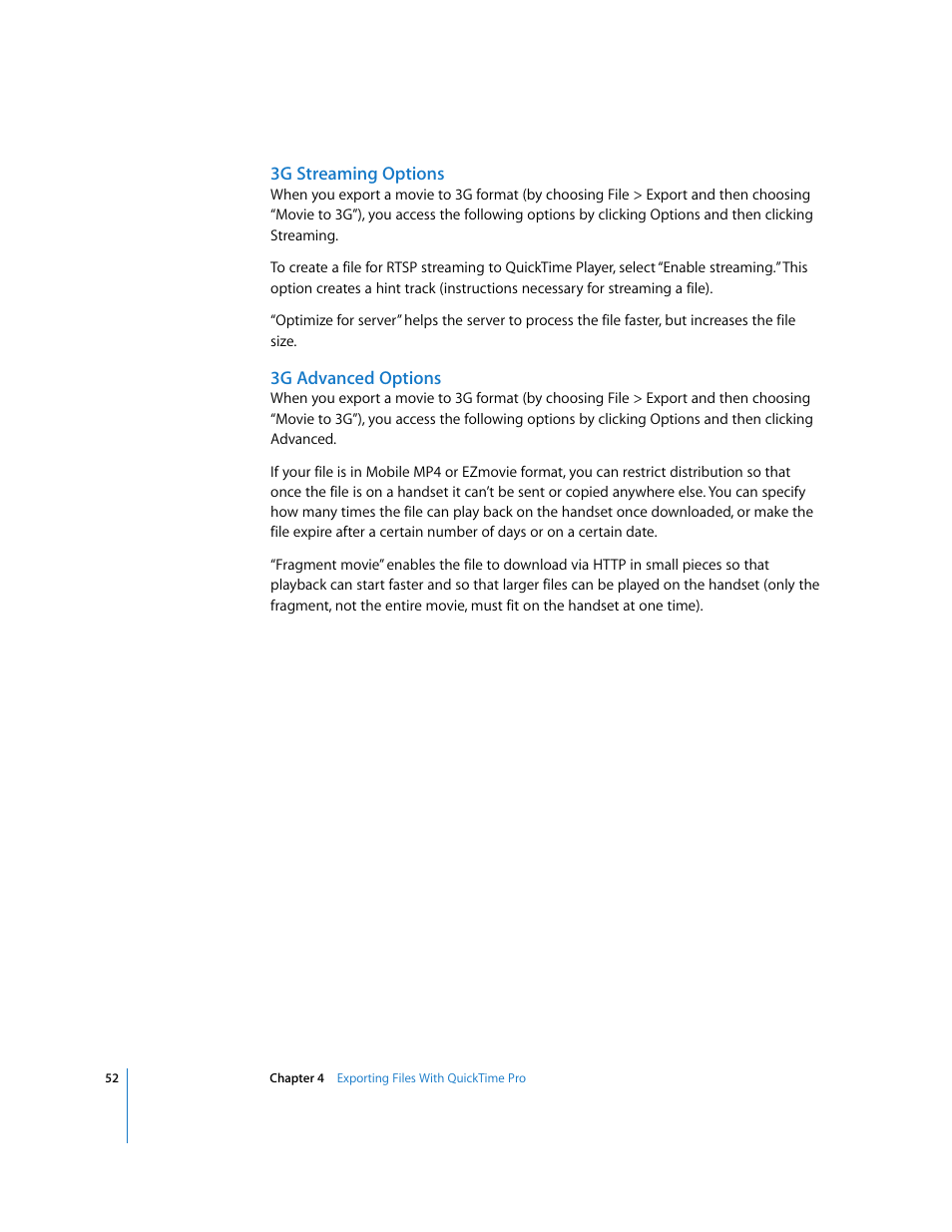 3g streaming options, 3g advanced options | Apple QuickTime 7 User Manual | Page 52 / 62