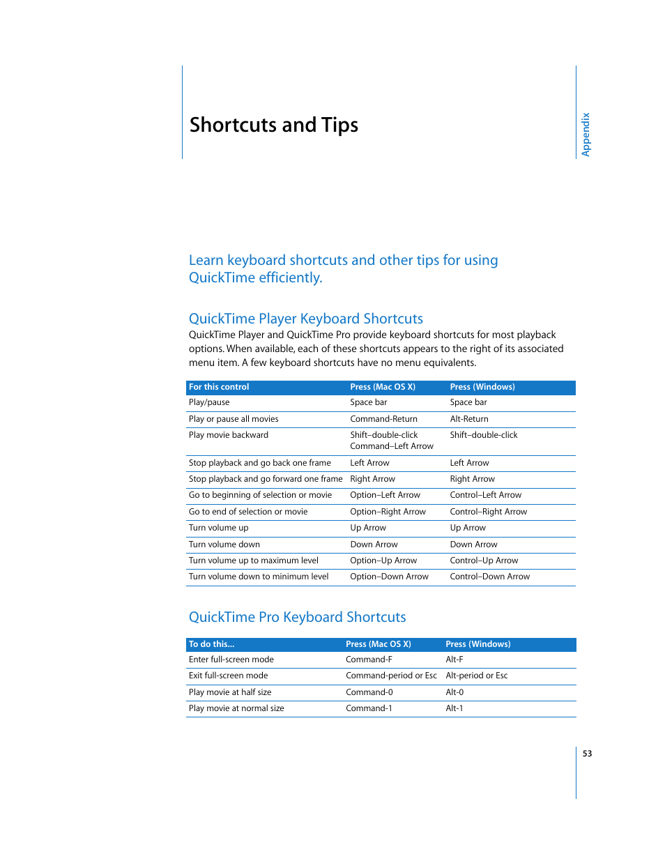 Shortcuts and tips, Quicktime player keyboard shortcuts, Quicktime pro keyboard shortcuts | Appendix | Apple QuickTime 7 User Manual | Page 53 / 62