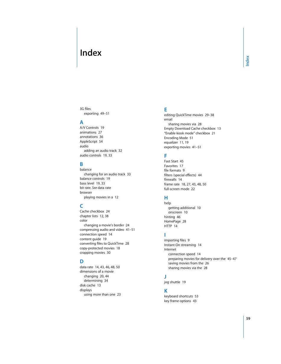 Index | Apple QuickTime 7 User Manual | Page 59 / 62