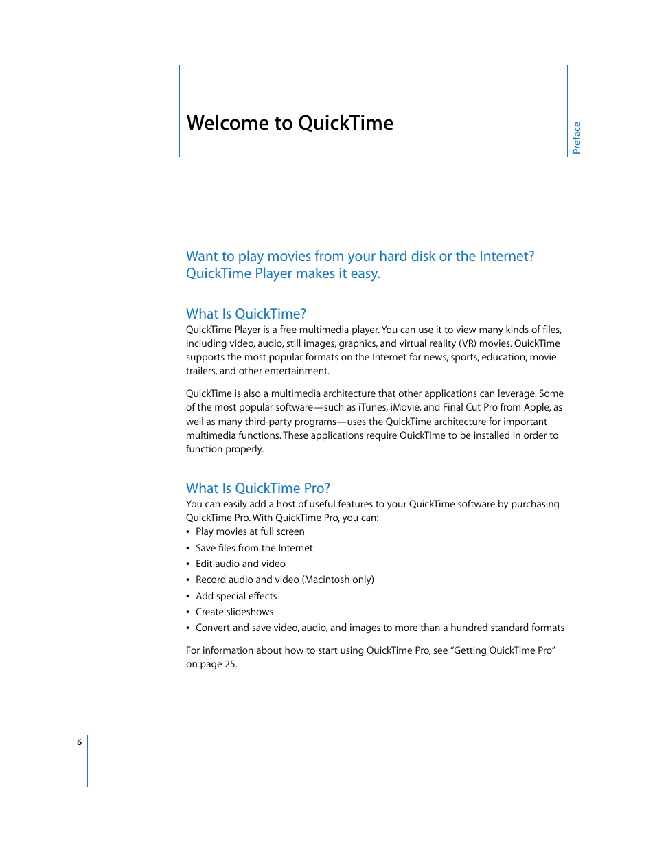Welcome to quicktime, What is quicktime, What is quicktime pro | Preface | Apple QuickTime 7 User Manual | Page 6 / 62