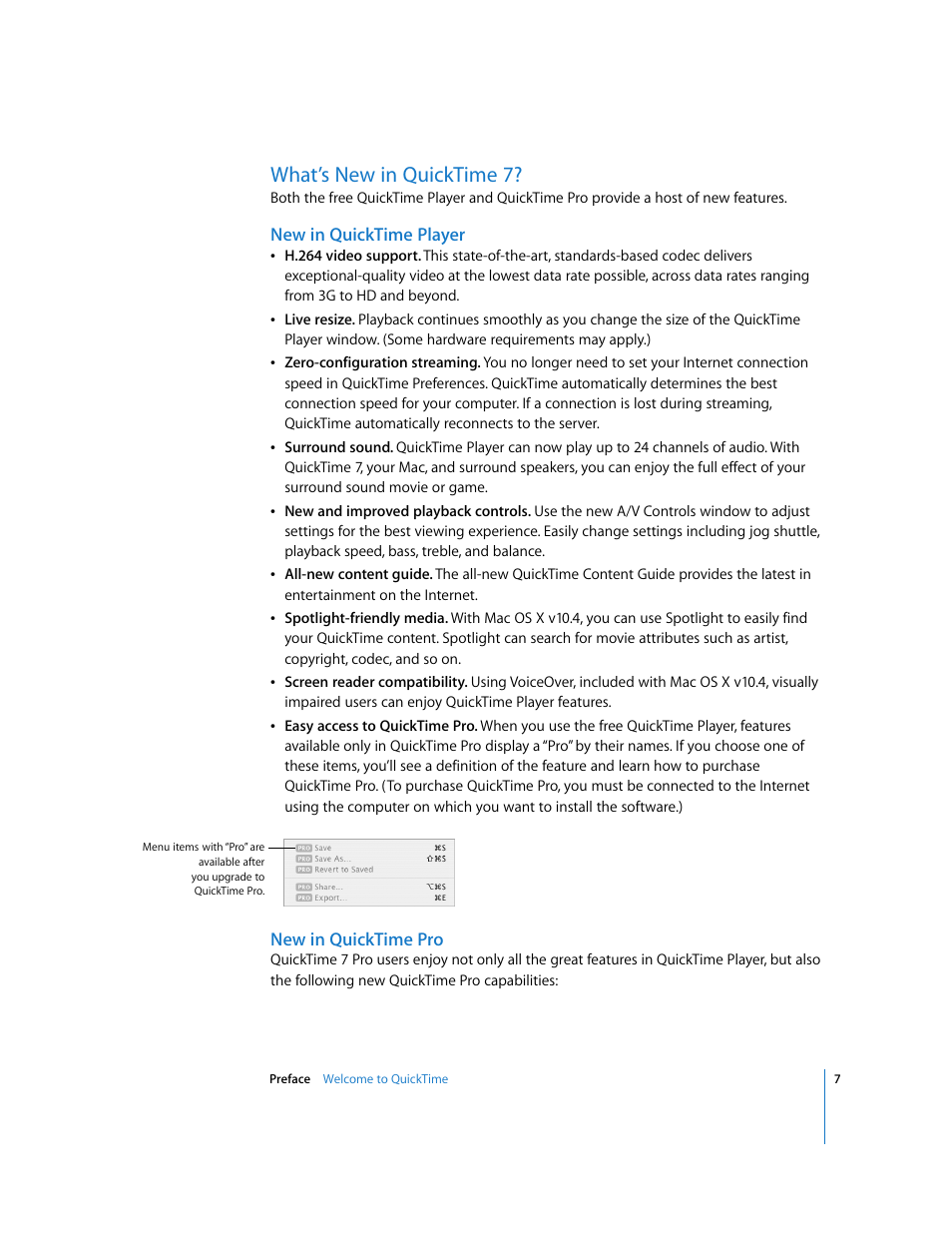 What’s new in quicktime 7, New in quicktime player, New in quicktime pro | Apple QuickTime 7 User Manual | Page 7 / 62