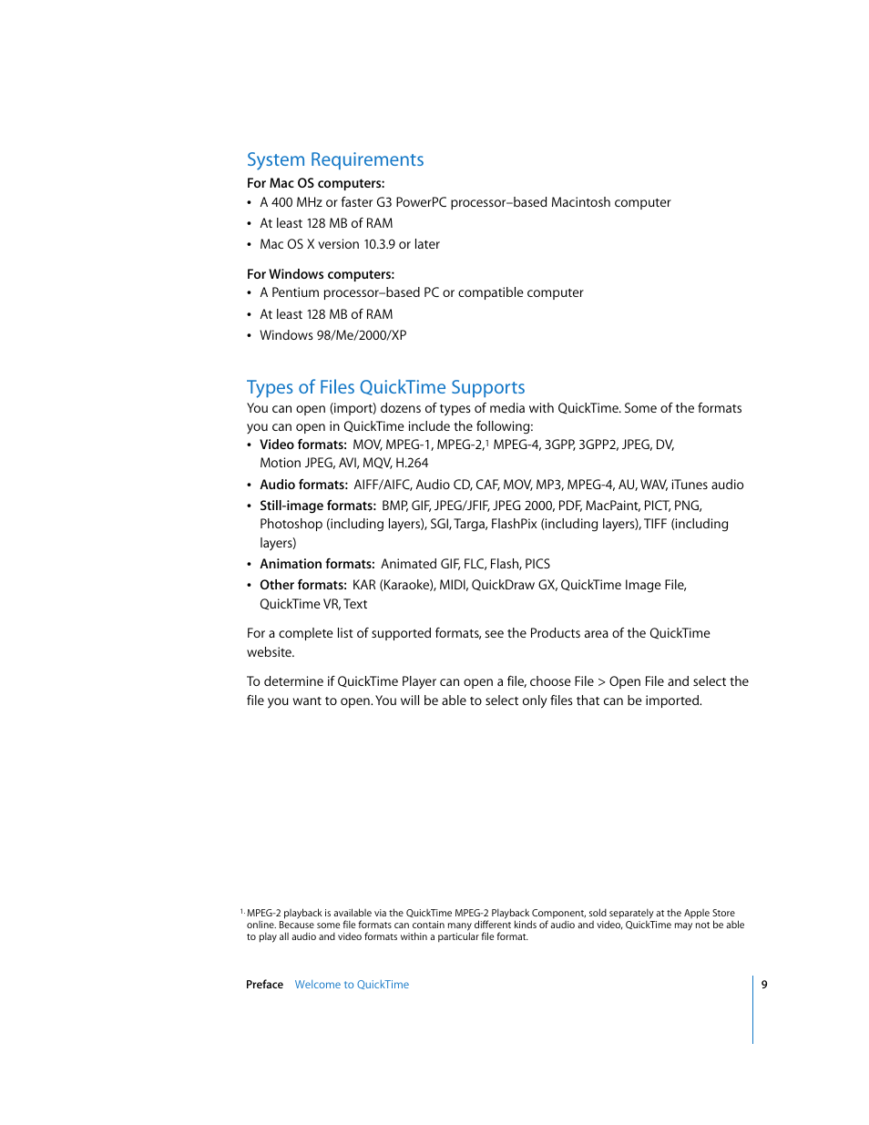 System requirements, Types of files quicktime supports | Apple QuickTime 7 User Manual | Page 9 / 62