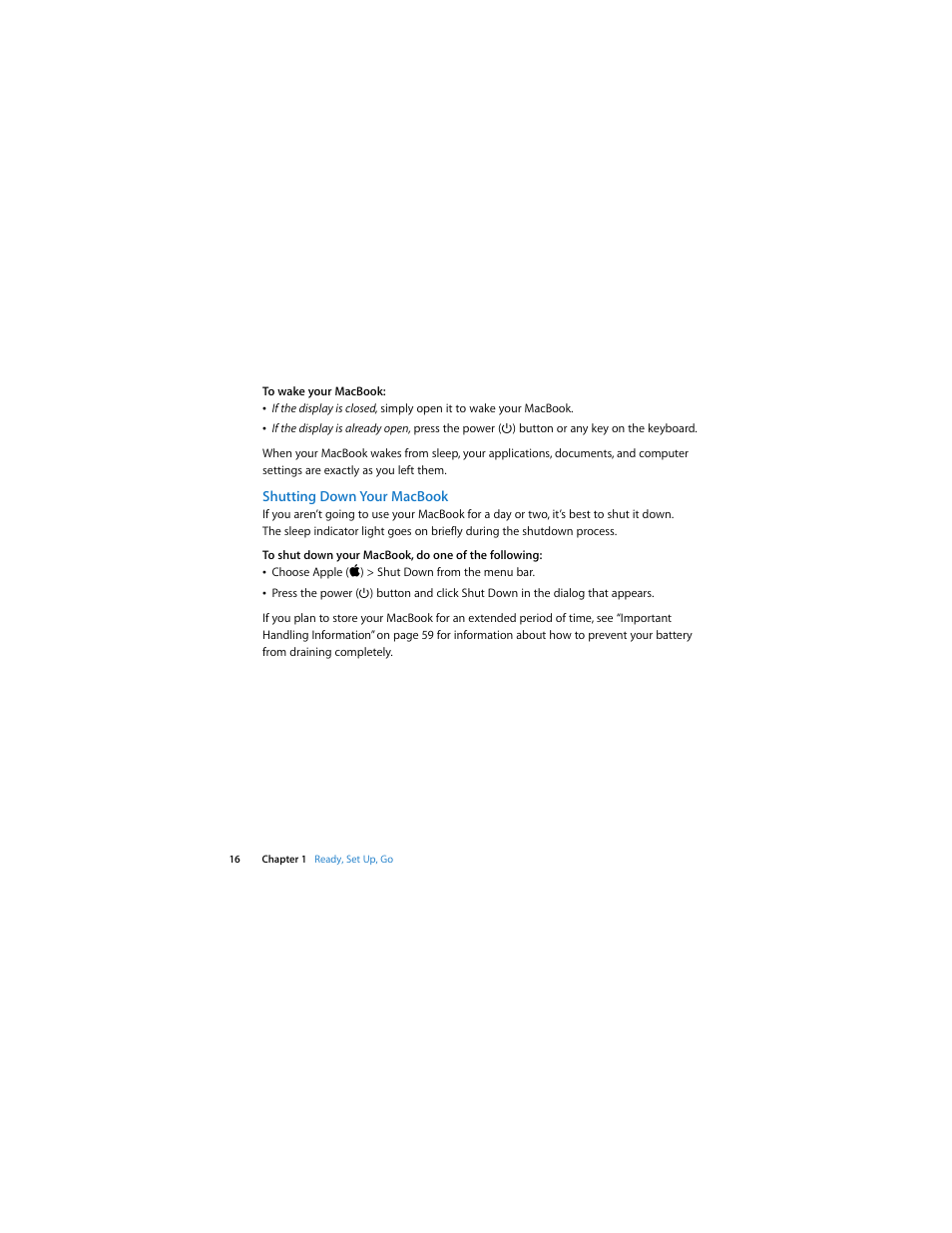 Shutting down your macbook | Apple MacBook (13-inch, Early 2008, Late 2008) User Manual | Page 16 / 76