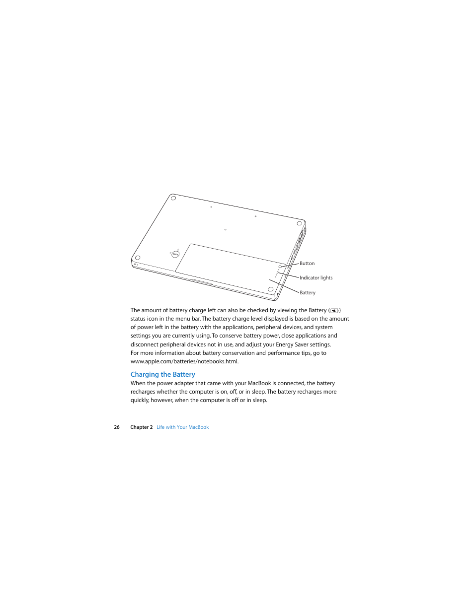 Charging the battery | Apple MacBook (13-inch, Early 2008, Late 2008) User Manual | Page 26 / 76