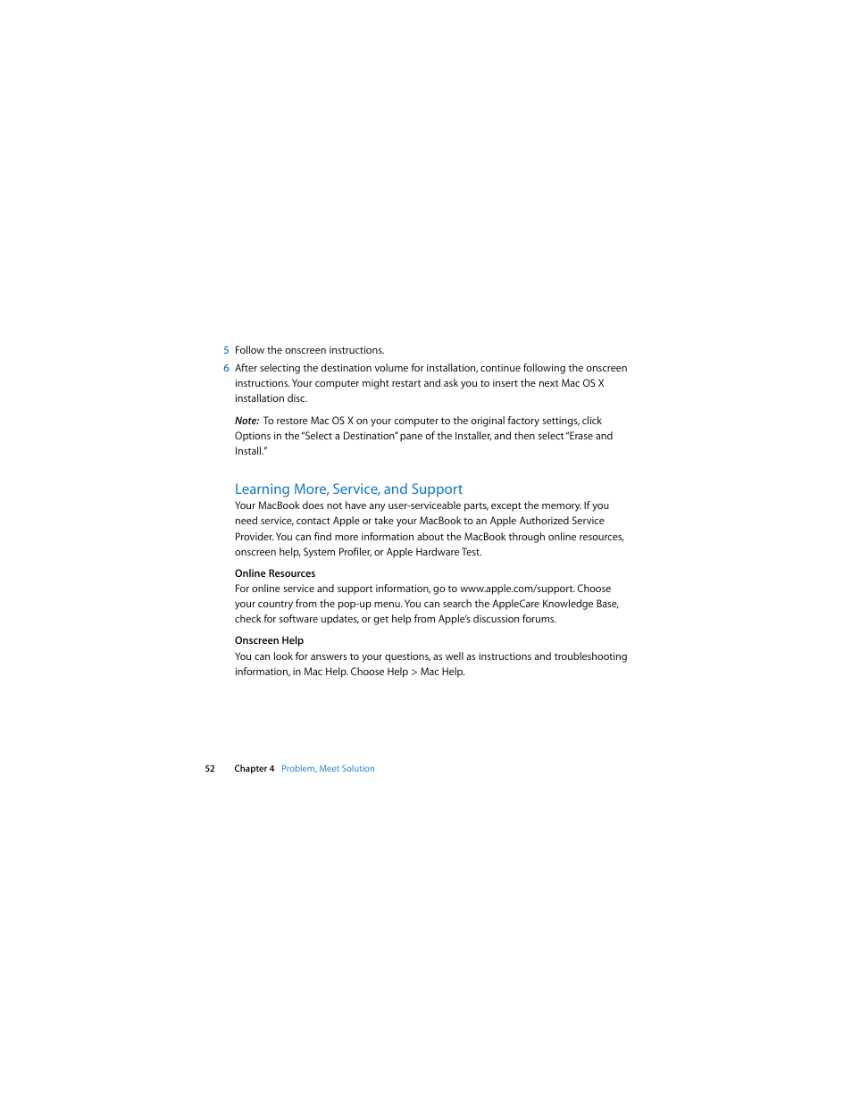 Learning more, service, and support | Apple MacBook (13-inch, Early 2008, Late 2008) User Manual | Page 52 / 76
