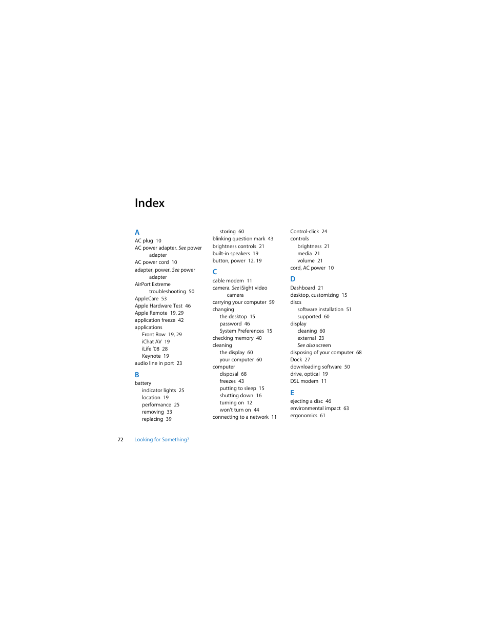 Index | Apple MacBook (13-inch, Early 2008, Late 2008) User Manual | Page 72 / 76