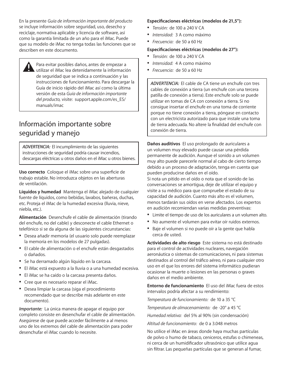 Información importante sobre seguridad y manejo | Apple iMac (21.5-inch and 27-inch, Mid 2012) User Manual | Page 2 / 12