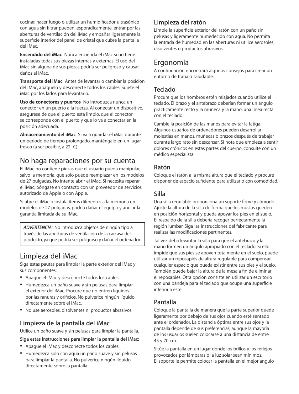 Ergonomía, No haga reparaciones por su cuenta, Limpieza del imac | Apple iMac (21.5-inch and 27-inch, Mid 2012) User Manual | Page 3 / 12