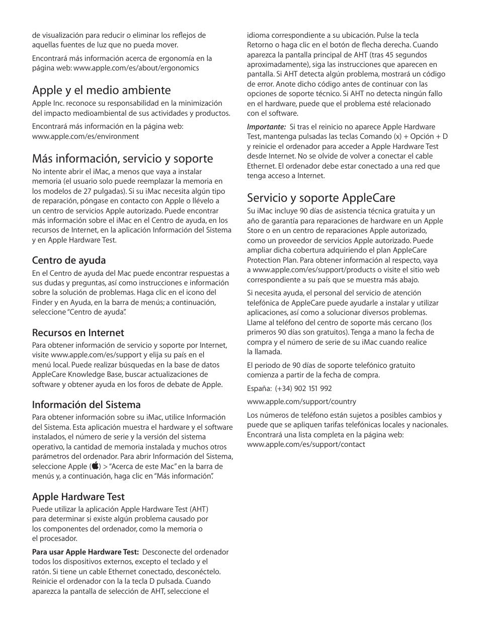 Servicio y soporte applecare, Apple y el medio ambiente, Más información, servicio y soporte | Apple iMac (21.5-inch and 27-inch, Mid 2012) User Manual | Page 4 / 12