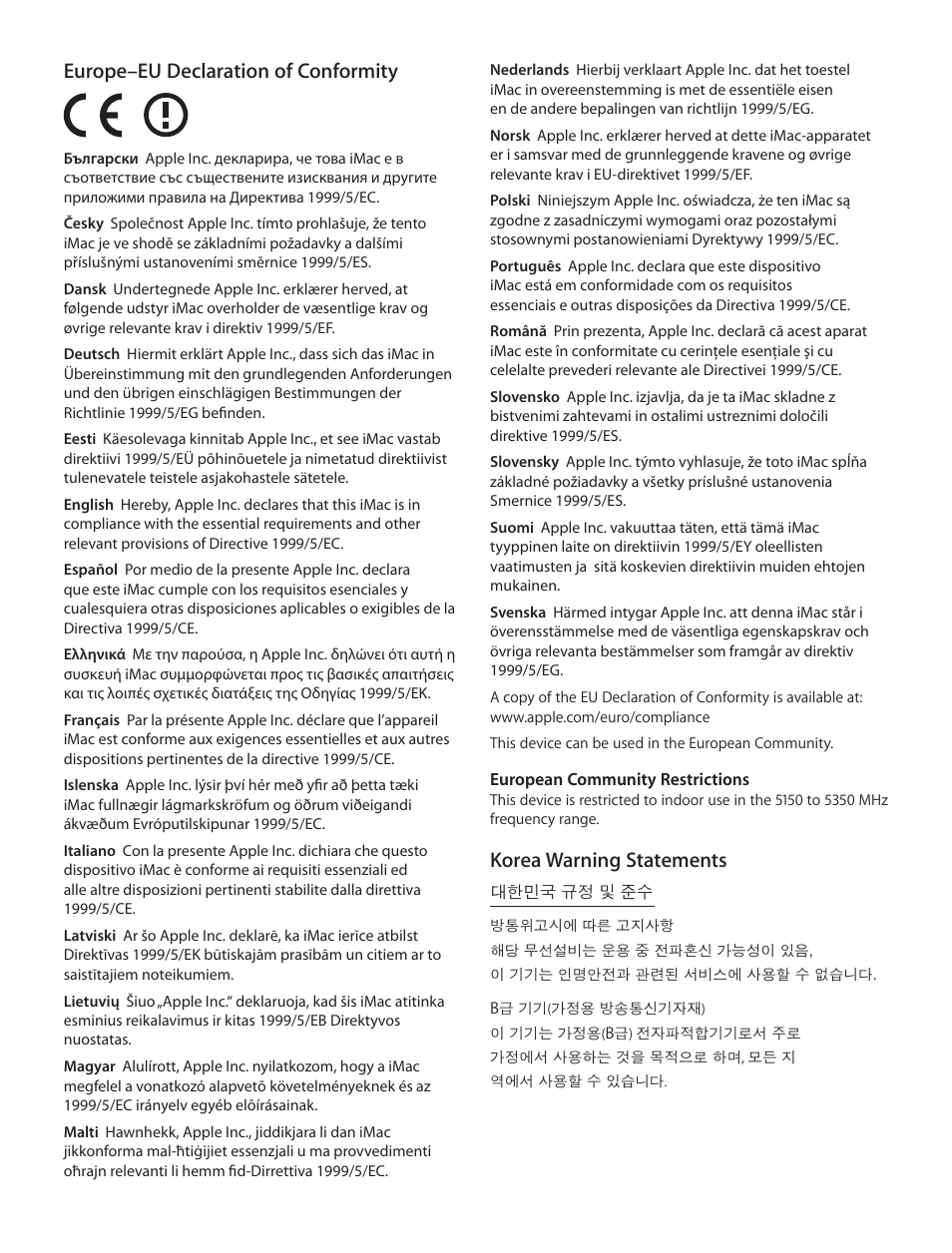 Korea warning statements, Europe–eu declaration of conformity | Apple iMac (21.5-inch and 27-inch, Mid 2012) User Manual | Page 6 / 12