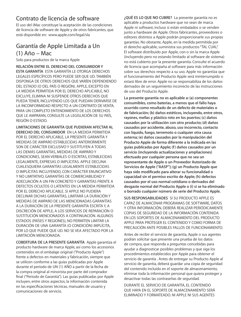 Contrato de licencia de software, Garantía de apple limitada a un (1) año – mac | Apple iMac (21.5-inch and 27-inch, Mid 2012) User Manual | Page 9 / 12