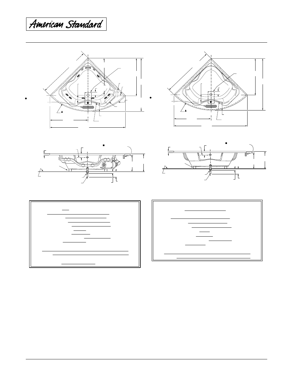 Cadet™ corner whirlpool & bathing pool, High gloss acrylic, General specifications for 2775 whirlpool | Whirlpool electrical specifications, General specifications for 2775 bathing pool | American Standard Cadet Corner Whirlpool and Bathing Pool 2775.002 User Manual | Page 2 / 2