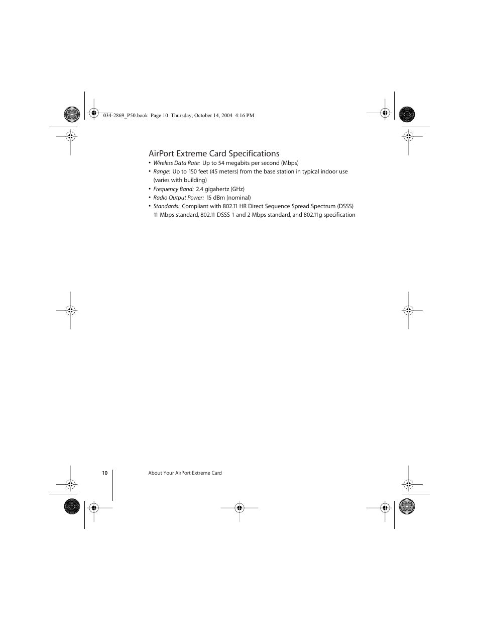 Airport extreme card specifications | Apple AirPort Extreme Card User Manual | Page 10 / 12