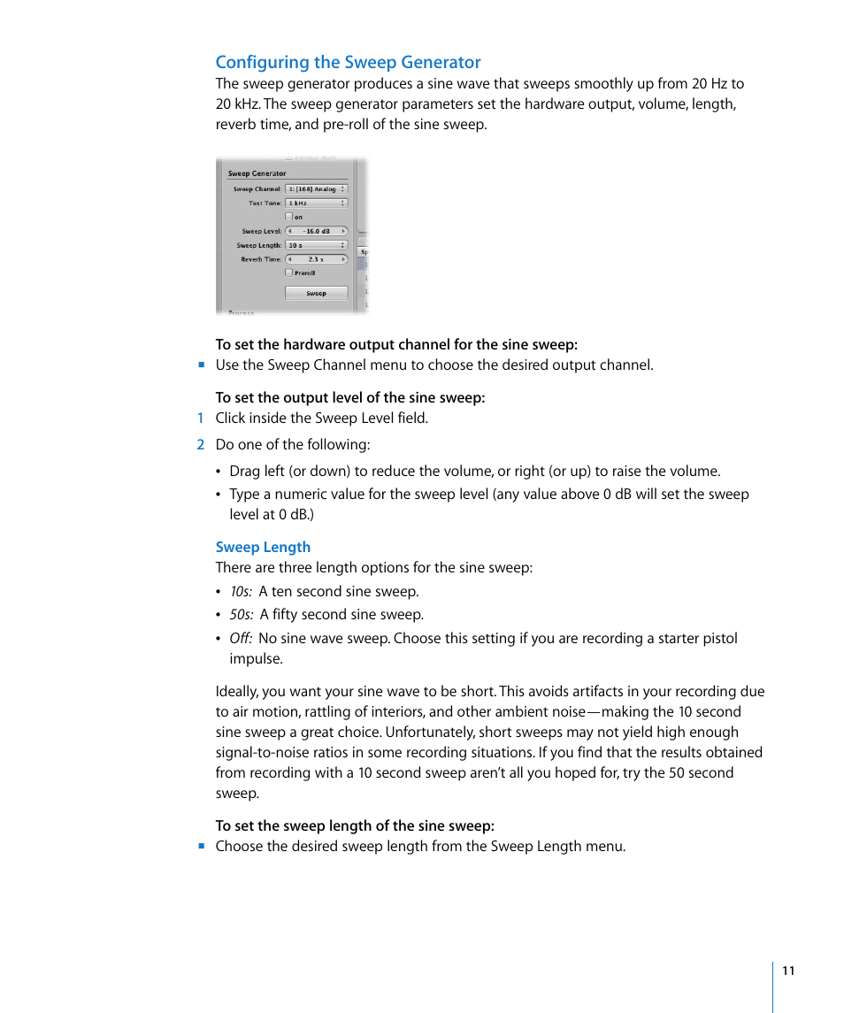 Configuring the sweep generator | Apple Impulse Response Utility User Manual | Page 11 / 32