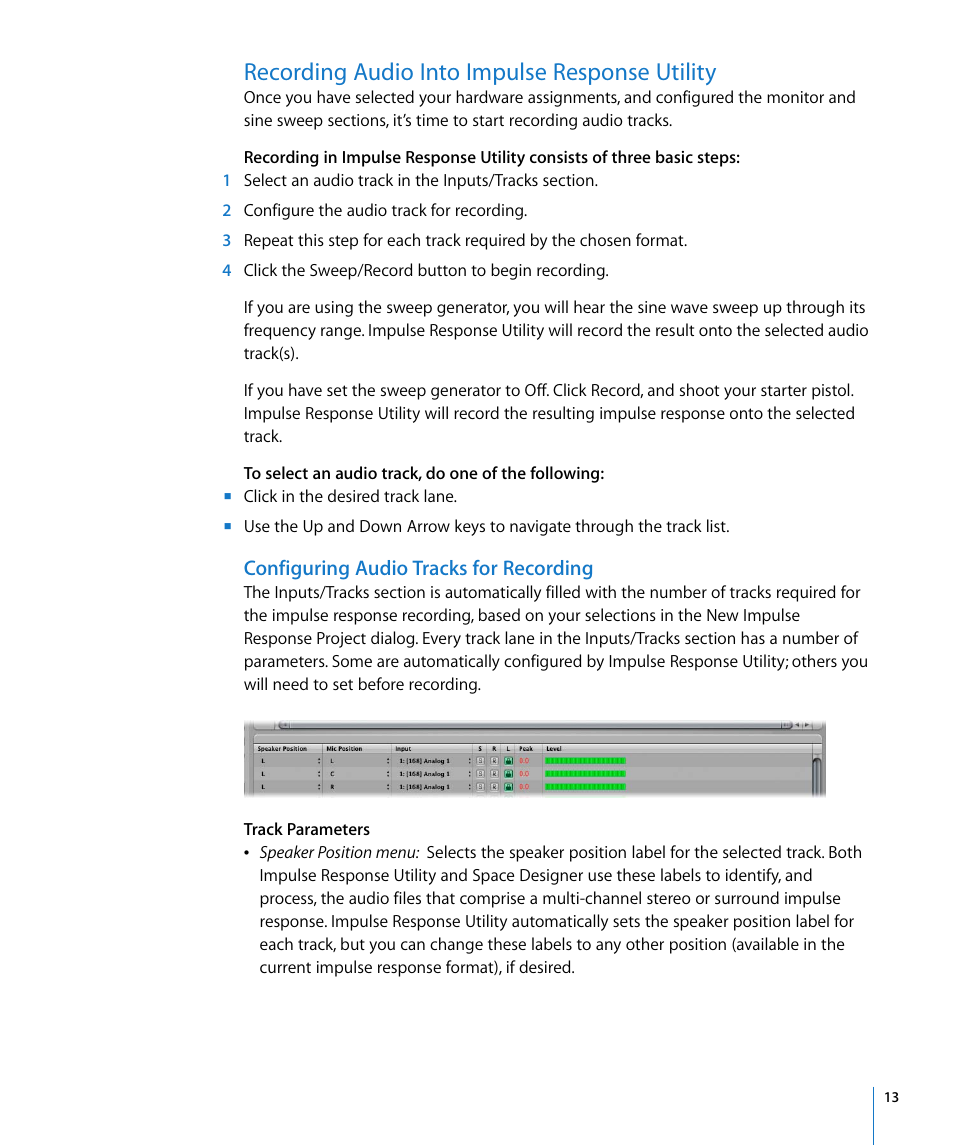Recording audio into impulse response utility, Configuring audio tracks for recording | Apple Impulse Response Utility User Manual | Page 13 / 32