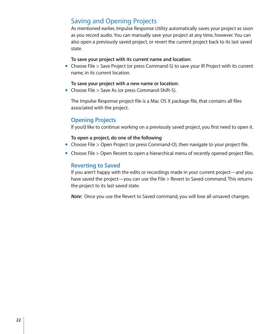 Saving and opening projects, Opening projects, Reverting to saved | Apple Impulse Response Utility User Manual | Page 22 / 32
