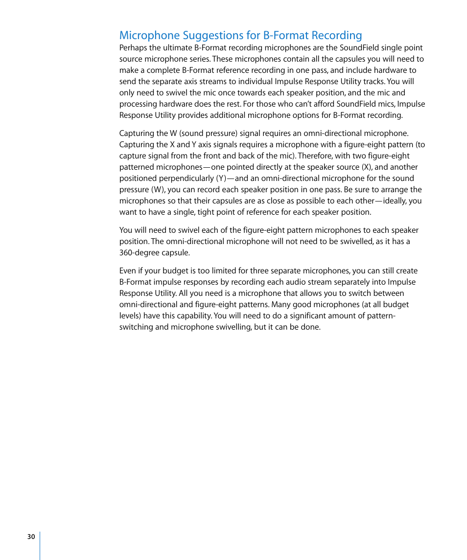 Microphone suggestions for bformat recording, Microphone suggestions for b-format recording | Apple Impulse Response Utility User Manual | Page 30 / 32