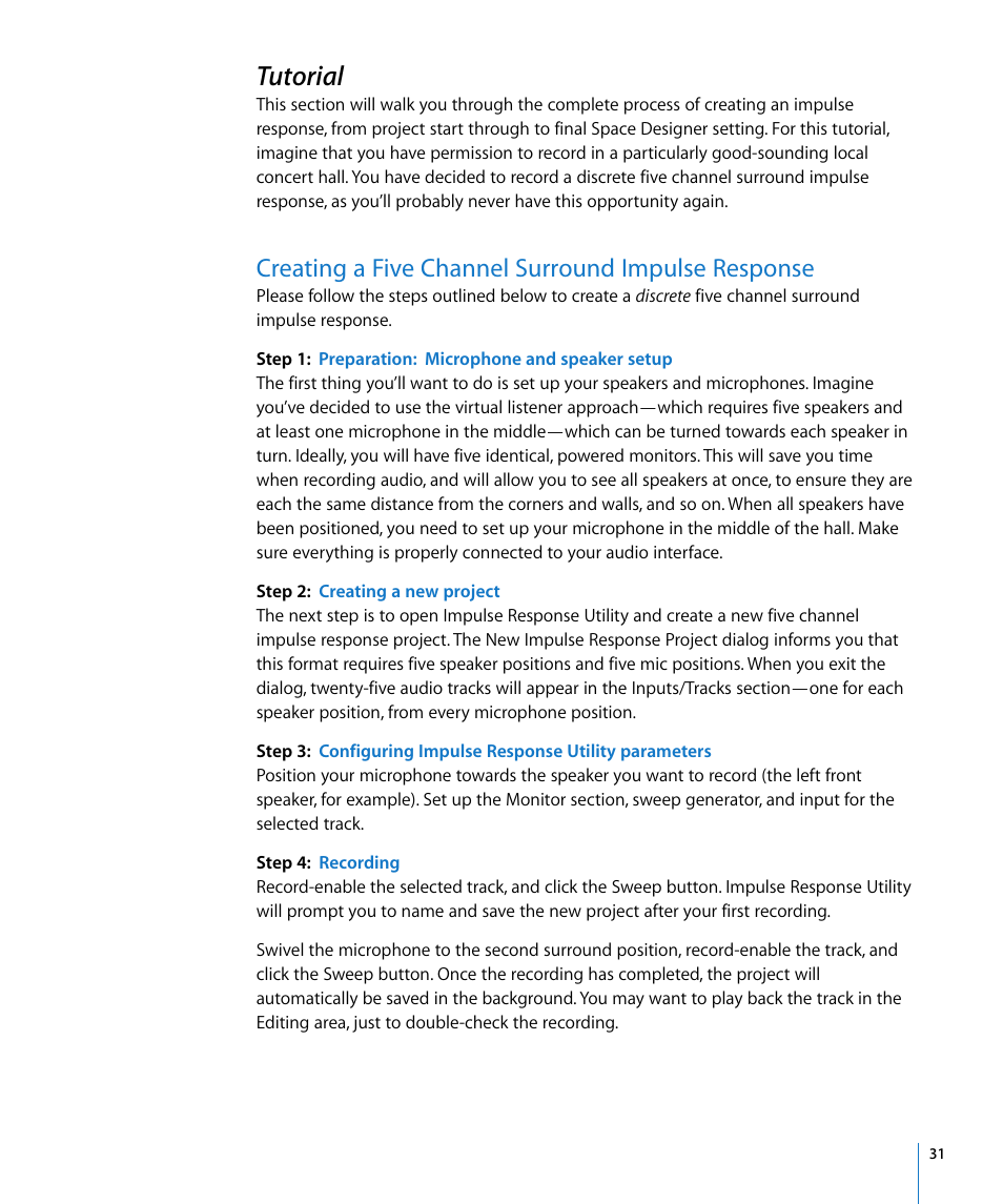 Tutorial, Creating a five channel surround impulse response | Apple Impulse Response Utility User Manual | Page 31 / 32