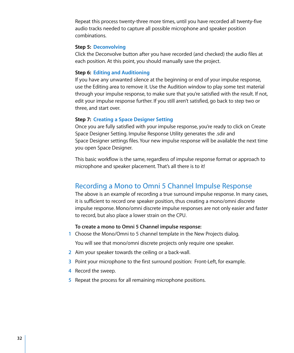 Recording a mono to omni 5 channel impulse, Response | Apple Impulse Response Utility User Manual | Page 32 / 32