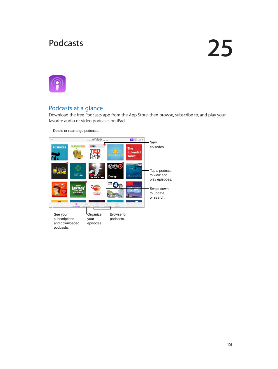 Chapter 25: podcasts, Podcasts at a glance, 101 podcasts at a glance | Podcasts | Apple iPad iOS 7.1 User Manual | Page 101 / 140