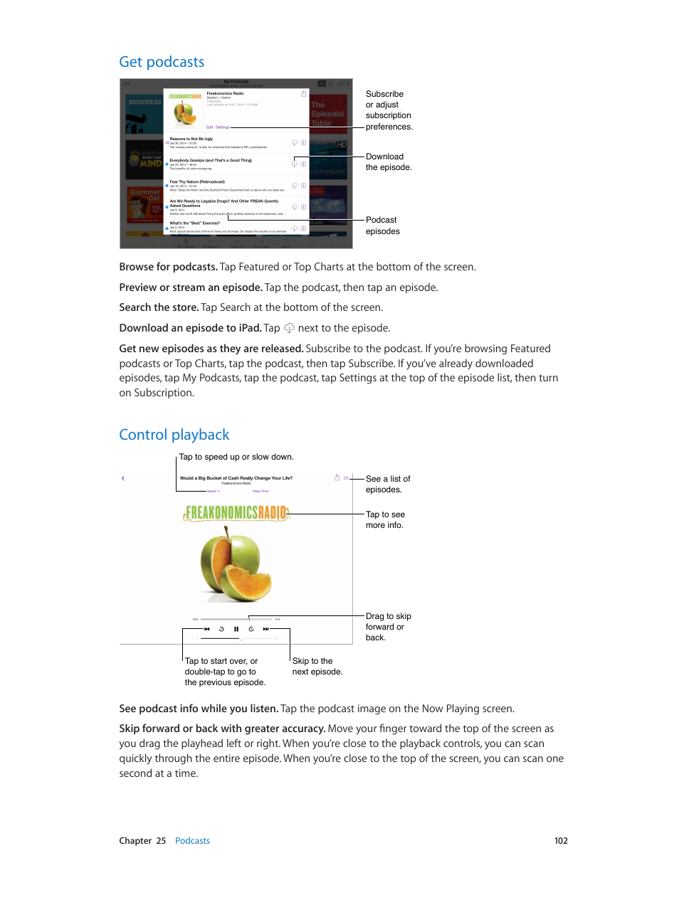 Get podcasts, Control playback, 102 get podcasts 102 control playback | Apple iPad iOS 7.1 User Manual | Page 102 / 140