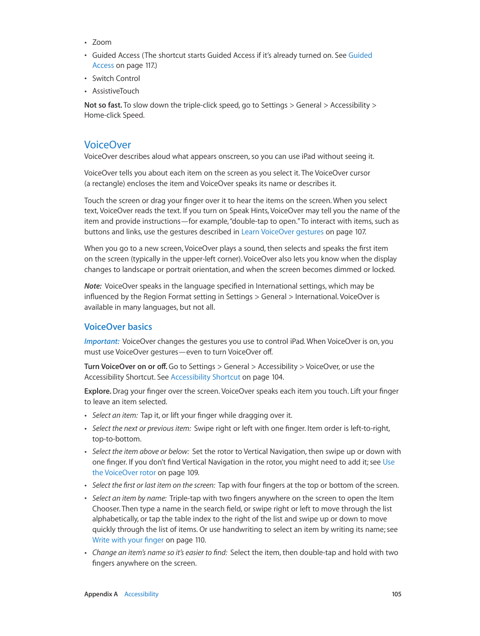 Voiceover, 105 voiceover, Voiceover basics | Apple iPad iOS 7.1 User Manual | Page 105 / 140