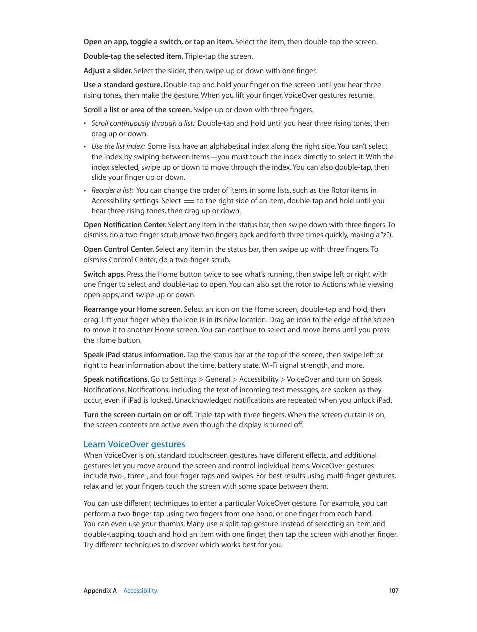 Learn voiceover gestures | Apple iPad iOS 7.1 User Manual | Page 107 / 140