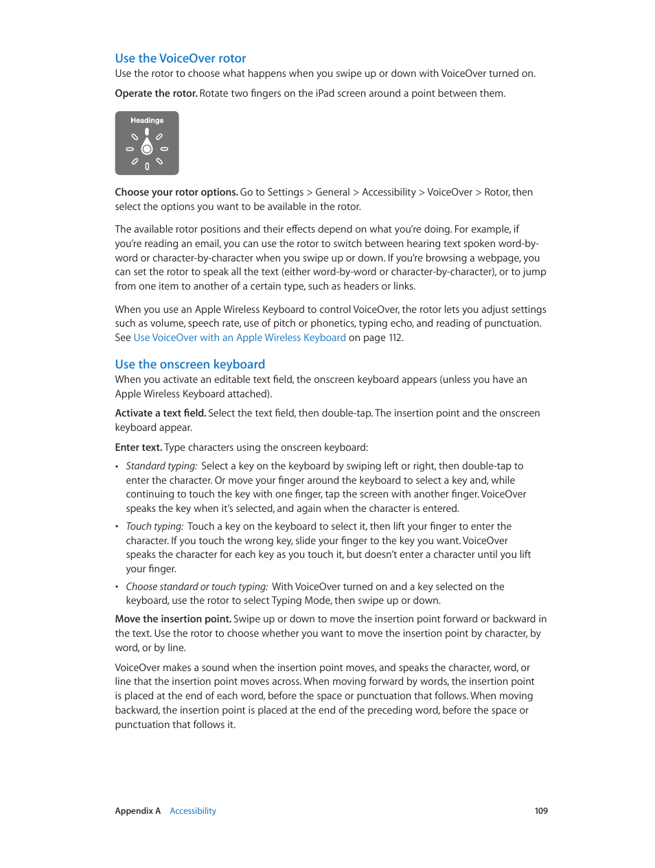 The voiceover rotor, Use the voiceover rotor, Use the onscreen keyboard | Apple iPad iOS 7.1 User Manual | Page 109 / 140