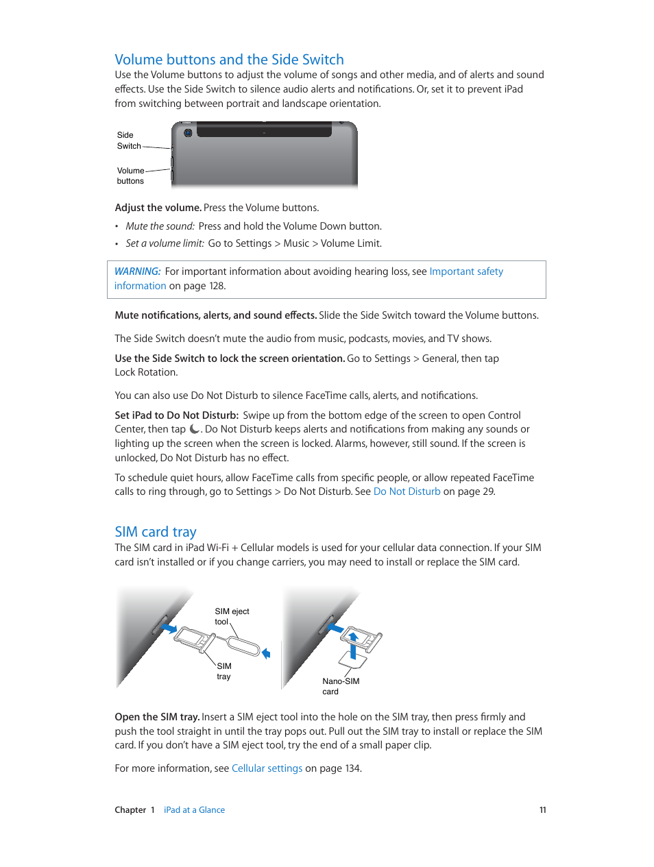 Volume buttons and the side switch, Sim card tray | Apple iPad iOS 7.1 User Manual | Page 11 / 140