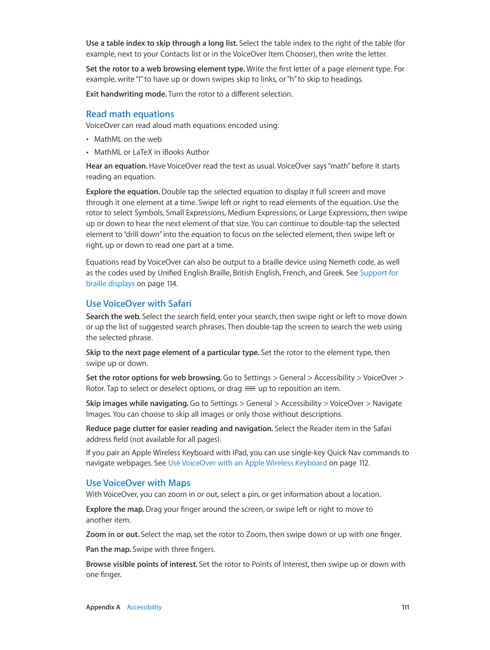 Read math equations, Use voiceover with safari, Use voiceover with maps | Apple iPad iOS 7.1 User Manual | Page 111 / 140