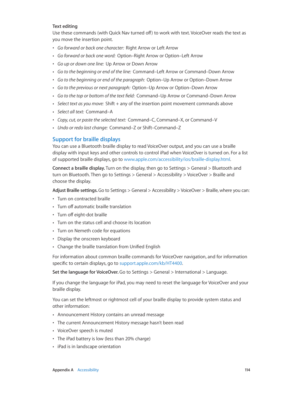 Support for braille displays, Support for, Braille displays | Apple iPad iOS 7.1 User Manual | Page 114 / 140