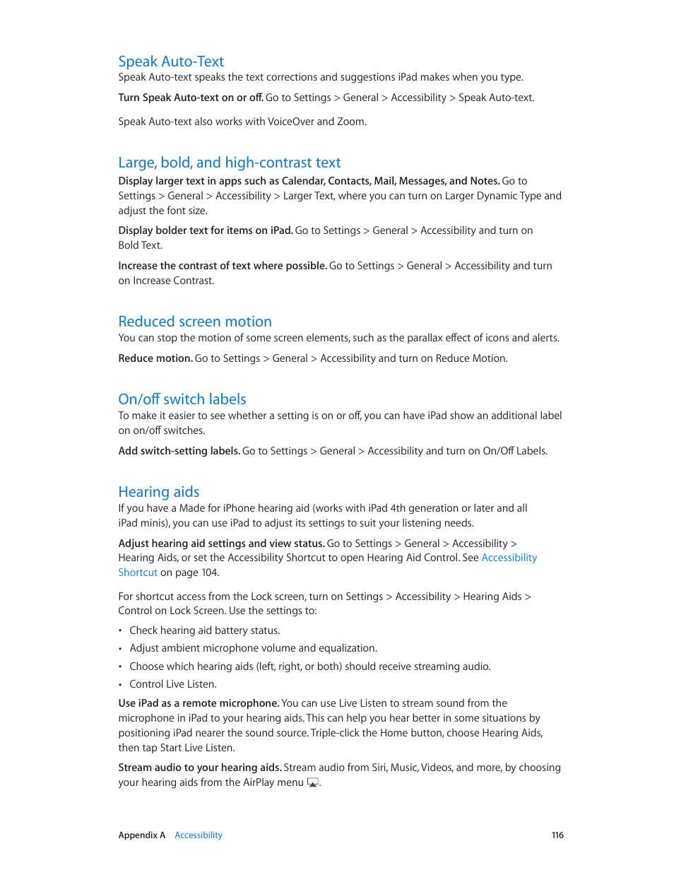 Speak auto-text, Large, bold, and high-contrast text, Reduced screen motion | On/off switch labels, Hearing aids | Apple iPad iOS 7.1 User Manual | Page 116 / 140