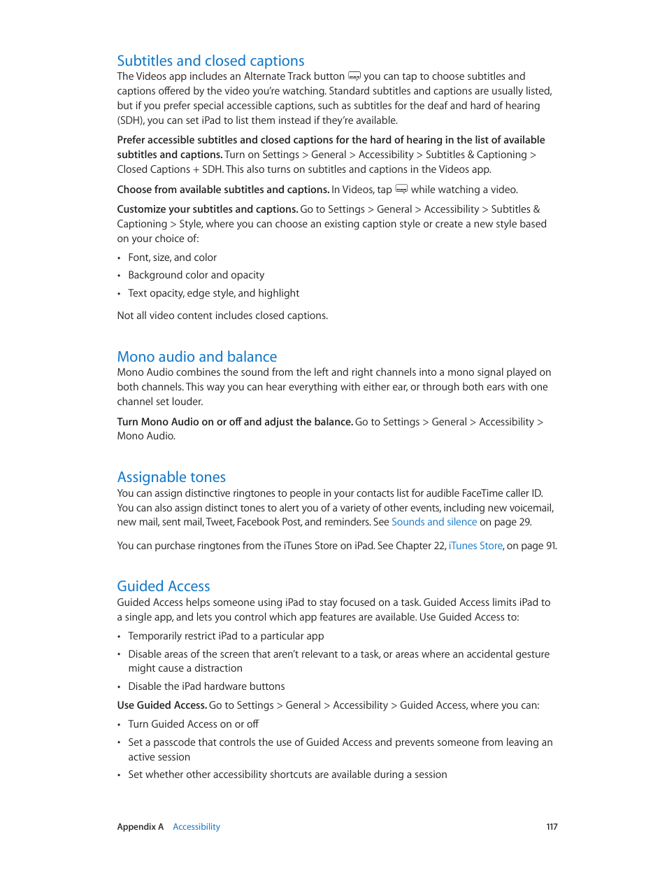 Subtitles and closed captions, Mono audio and balance, Assignable tones | Guided access, Guided, Access | Apple iPad iOS 7.1 User Manual | Page 117 / 140