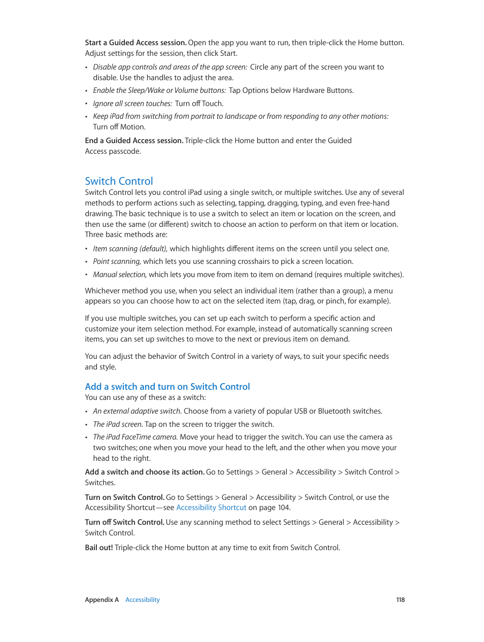 Switch control, 118 switch control, Add a switch and turn on switch control | Apple iPad iOS 7.1 User Manual | Page 118 / 140