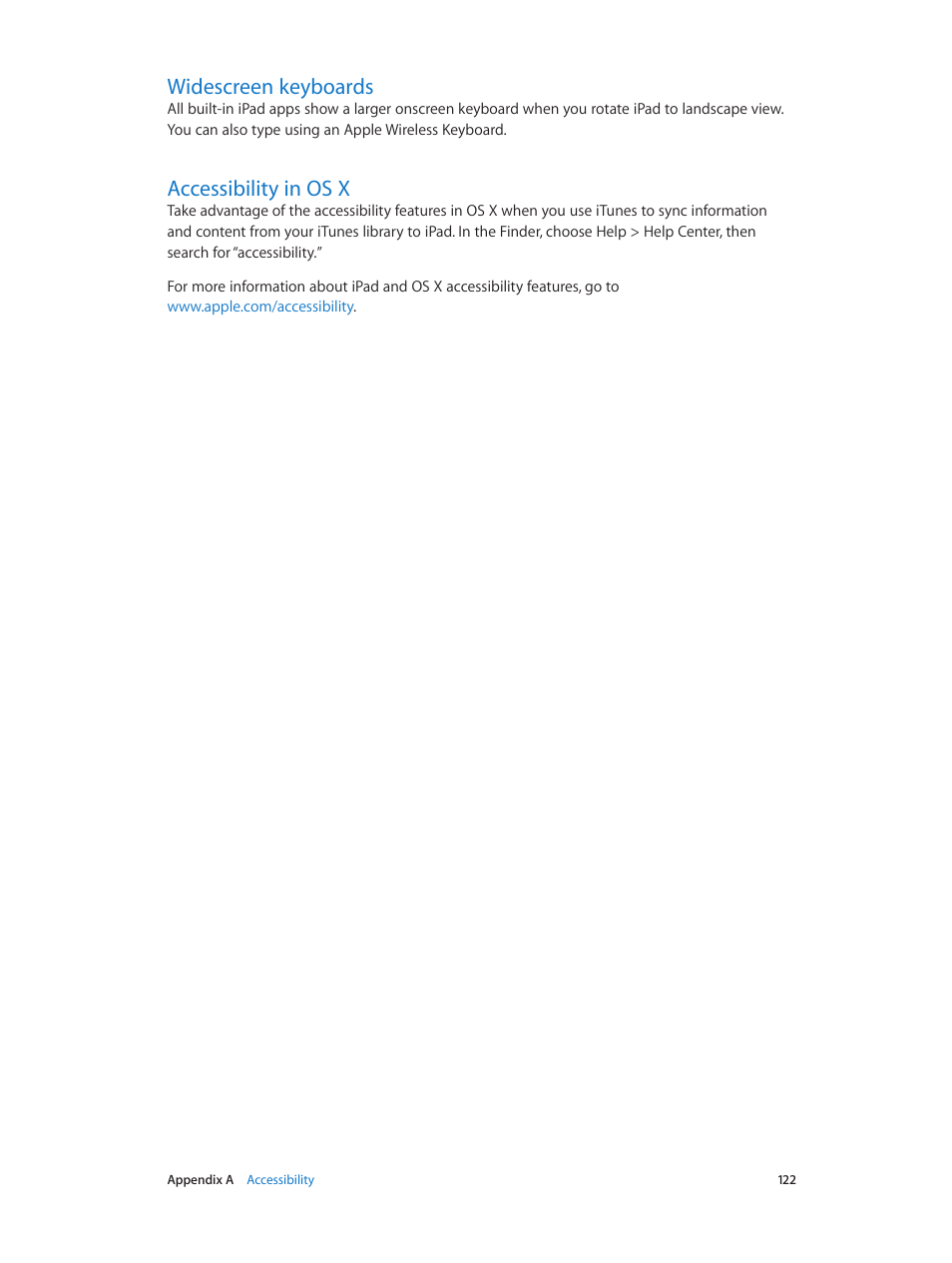 Widescreen keyboards, Accessibility in os x, 122 widescreen keyboards 122 accessibility in os x | Apple iPad iOS 7.1 User Manual | Page 122 / 140