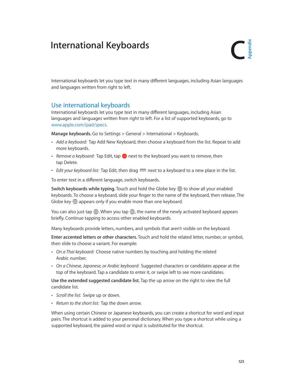 Appendix c: international keyboards, Use international keyboards, 125 use international keyboards | International keyboards | Apple iPad iOS 7.1 User Manual | Page 125 / 140