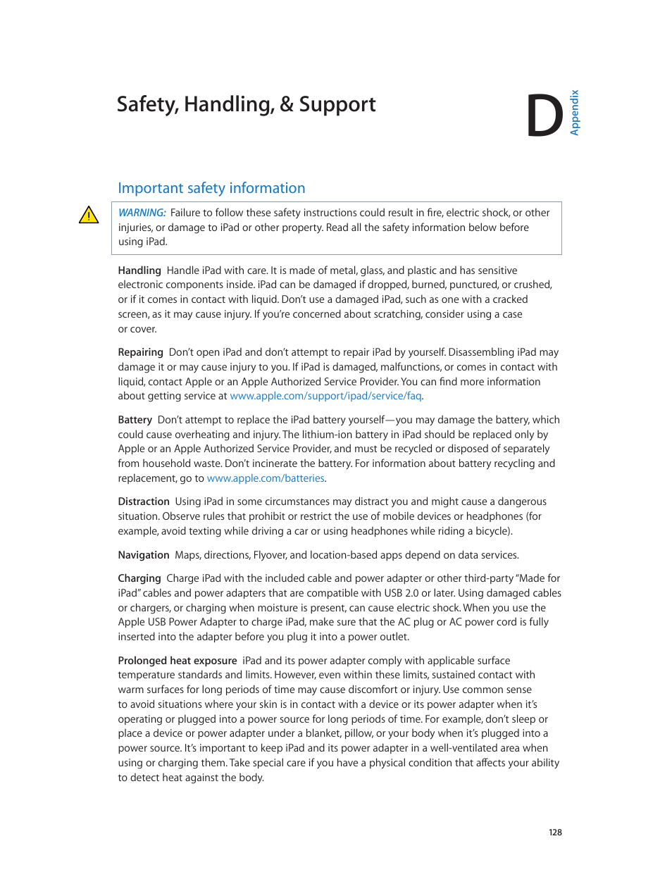 Appendix d: safety, handling, & support, Important safety information, 128 important safety information | Important safety, Information, Important, Safety information, Safety, handling, & support | Apple iPad iOS 7.1 User Manual | Page 128 / 140